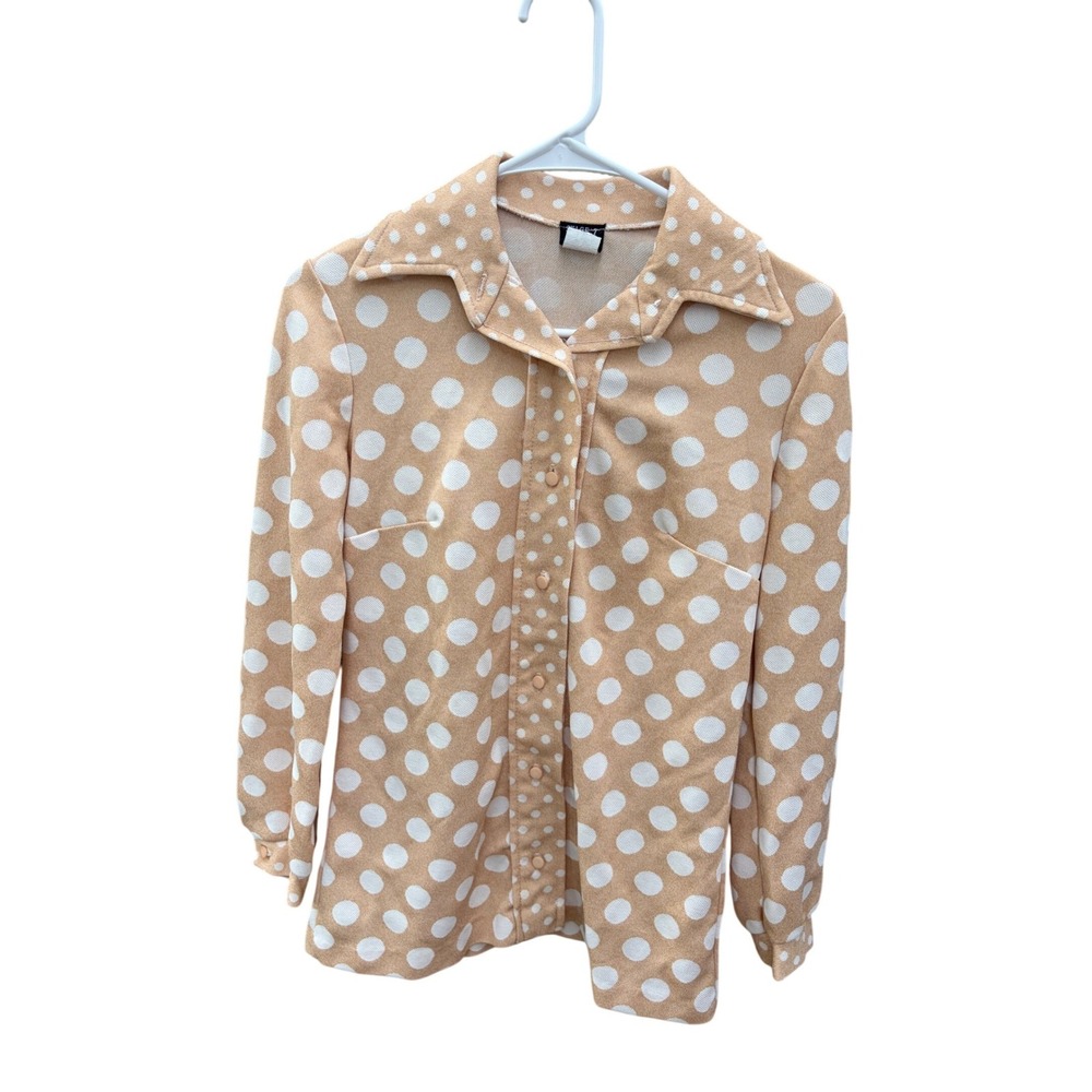 Stage 7 Vintage 70s Polka Dot Blouse Tan White Dagger Collar Retro‎ Top Size 8